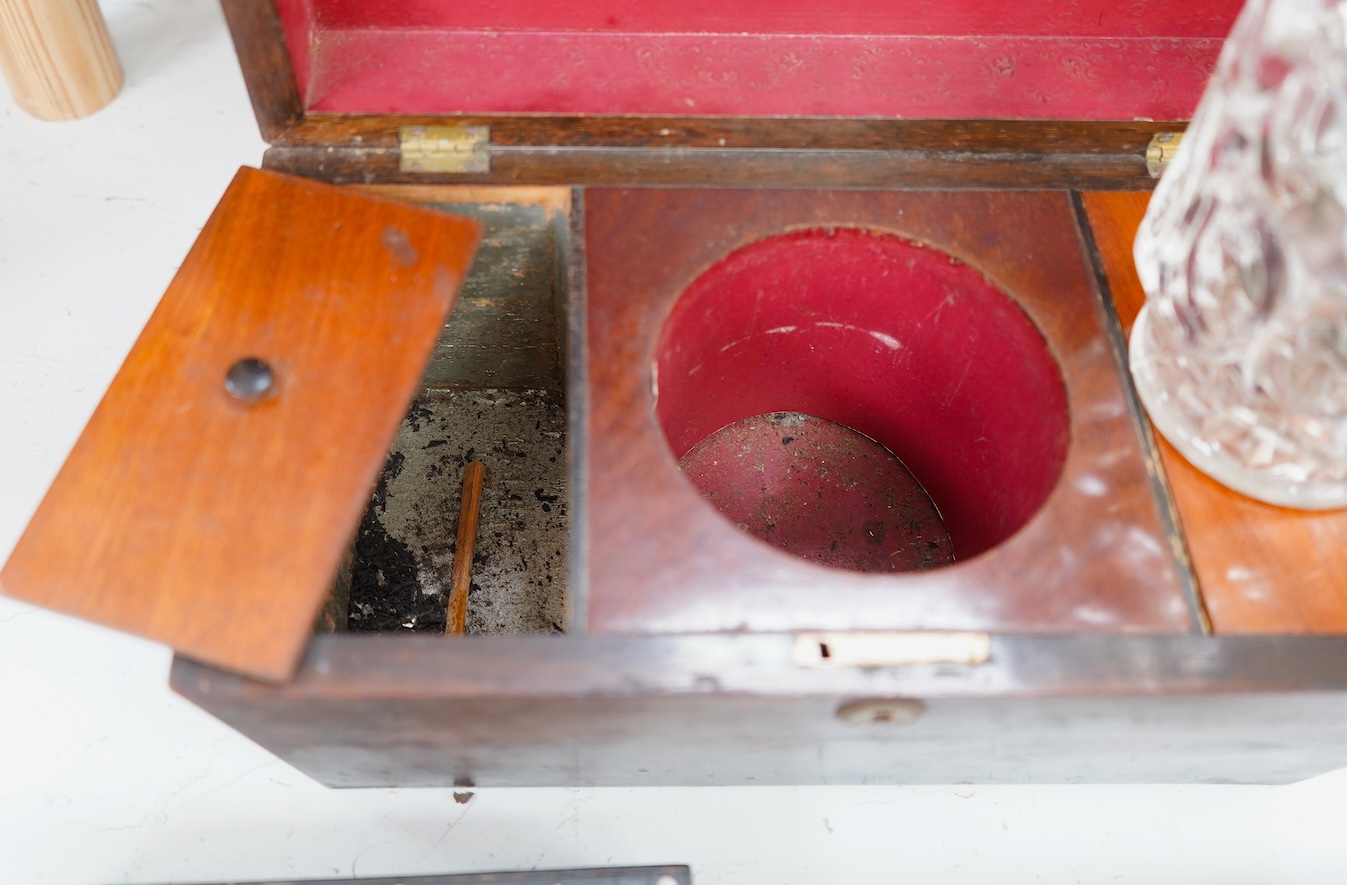 Six 19th century and later boxes to include a writing box, tea caddy, quill box and a jewellery box in the form of books with mirrored interior, largest 35cm wide. Condition - varies